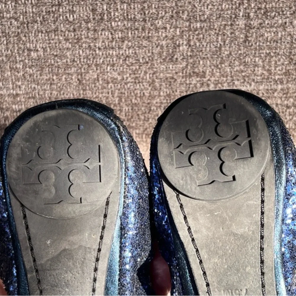 Tory Burch‎ Blue Sparkle Ballet Flats Womens Size 7.5 Leather Sole Slip On Logo